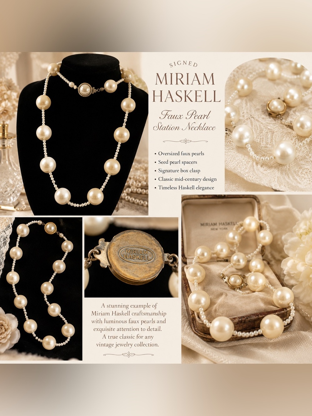 Miriam Haskell Vintage Oversized Faux Pearl Station Necklace